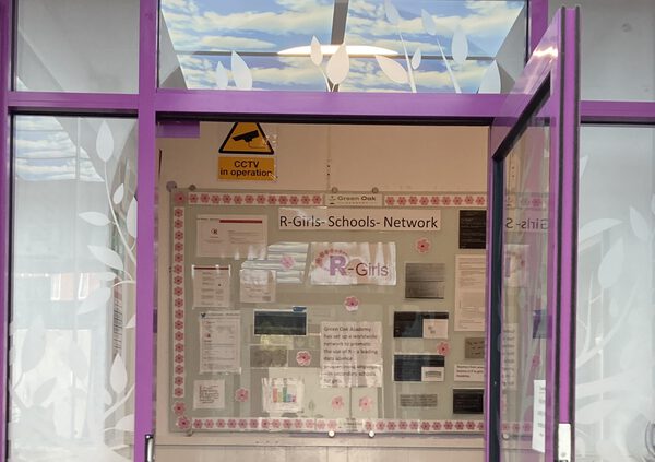 A noticeboard visible on the facing wall, looking through an open door. On the board, a display with a flowery border, titled 'R-Girls Schools Network', followed by the pink R Girls logo. The display has examples of code and graphs, plus large text boxes with information.
